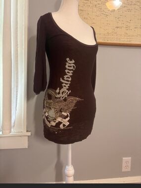 Salvage Y2K Vnt Maroon Scoop Neck Graphic Long Sleeve Tunic Top. S